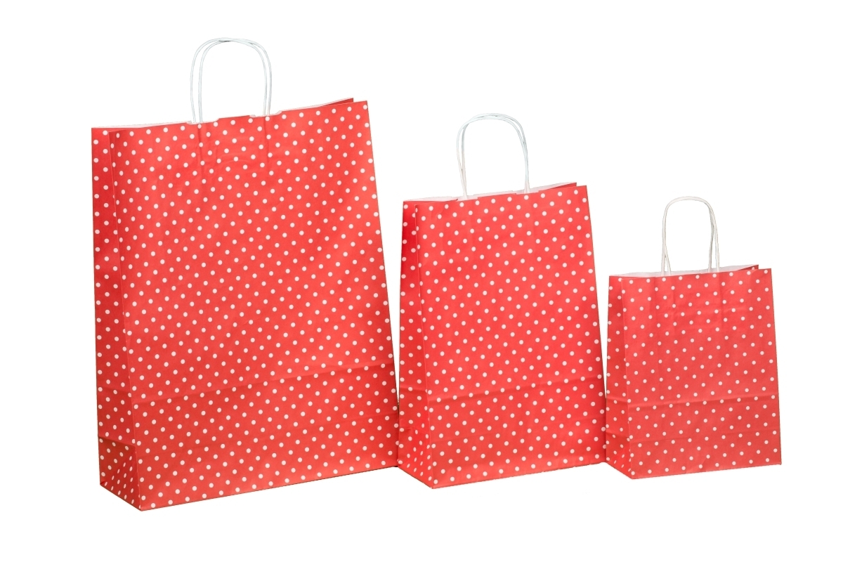 Premium Papiertragetaschen mit Kordel rot mit Punkten/Polkadots 3 Größen wählbar