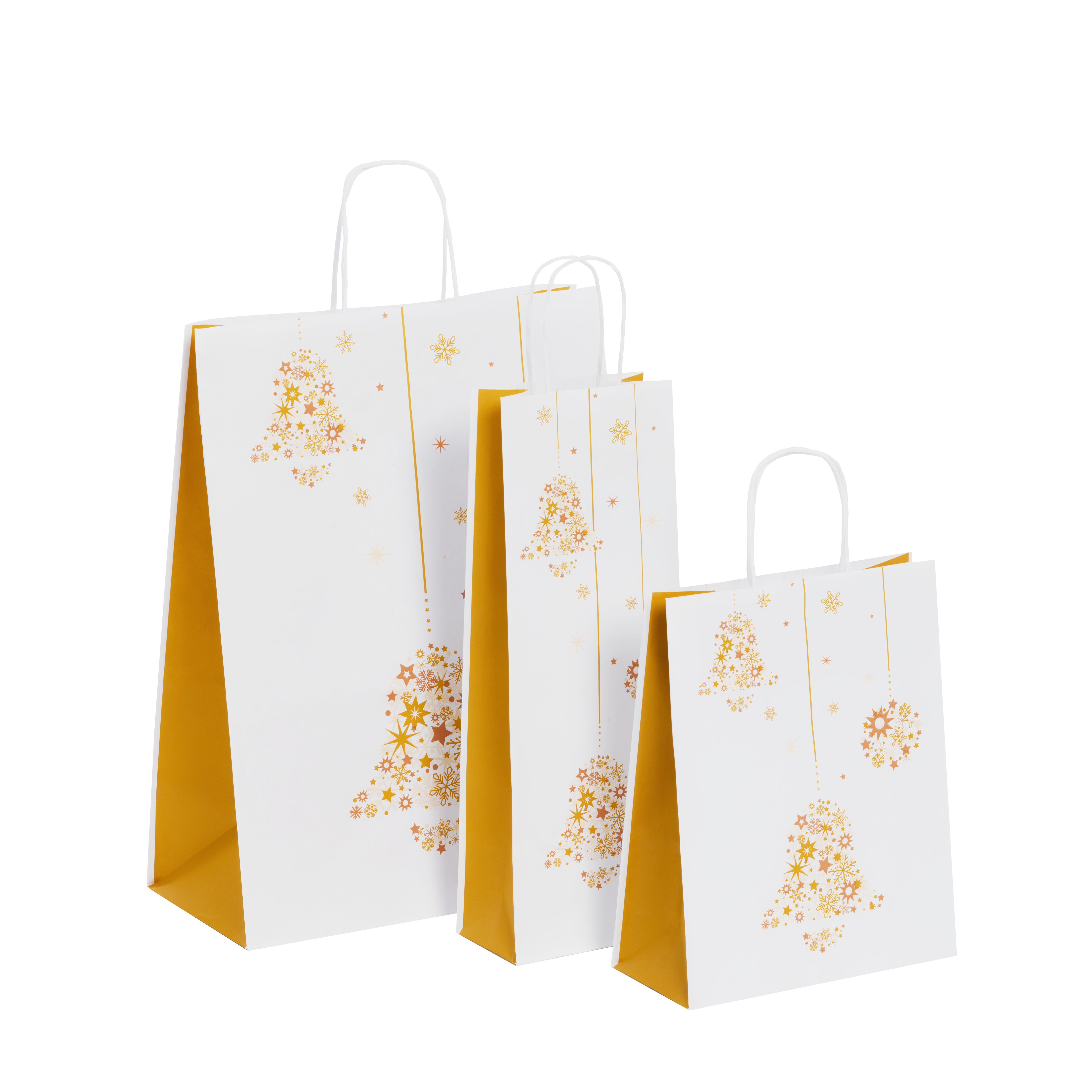 Papiertragetaschen Premium mit Kordel weiß Weihnachtsmotiv "Golden Bells" versch. Größen