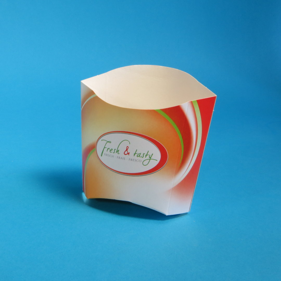 500 St. Pommes Faltbox Schütte Verpackung "Fresh & Tasty" groß bedruckt 