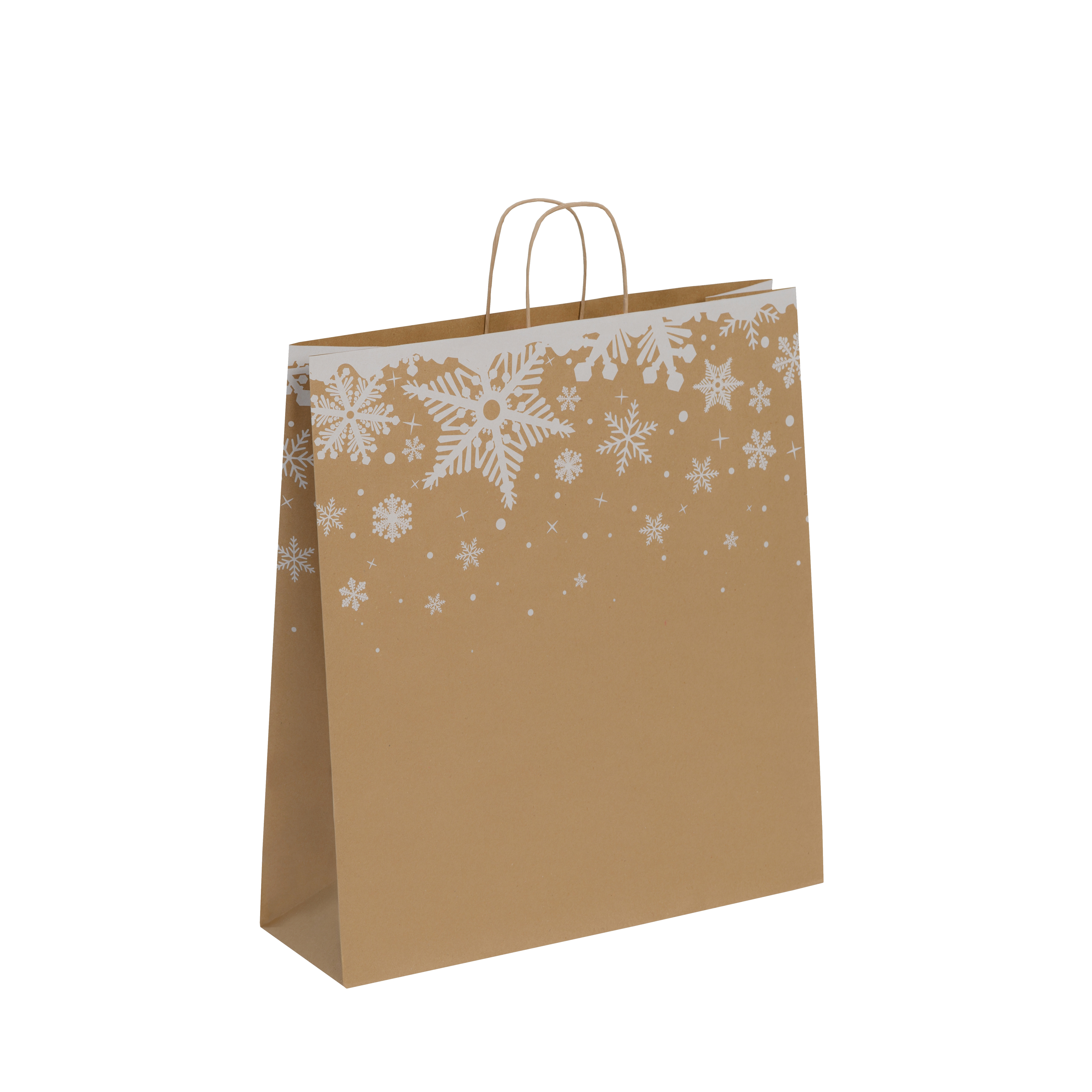 Papiertragetaschen Premium braun mit Weihnachtsmotiv "Schneeflocke" Kordel versch. Größen