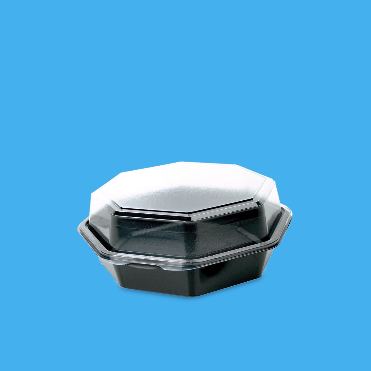 Salat Klappboxen 8-eckig schwarz mit transparentem Deckel recycelbar versch. Größen