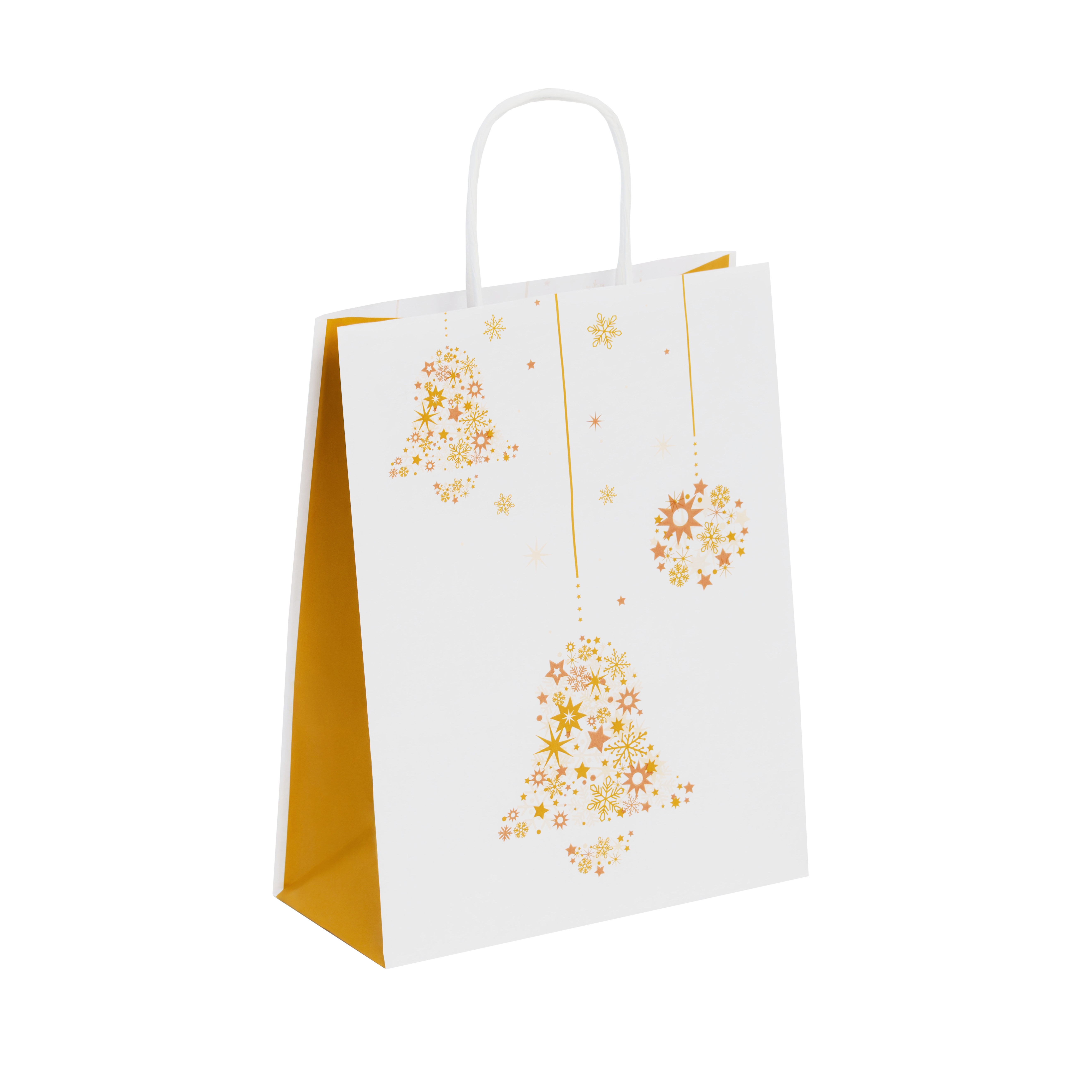 Papiertragetaschen Premium mit Kordel weiß Weihnachtsmotiv "Golden Bells" versch. Größen