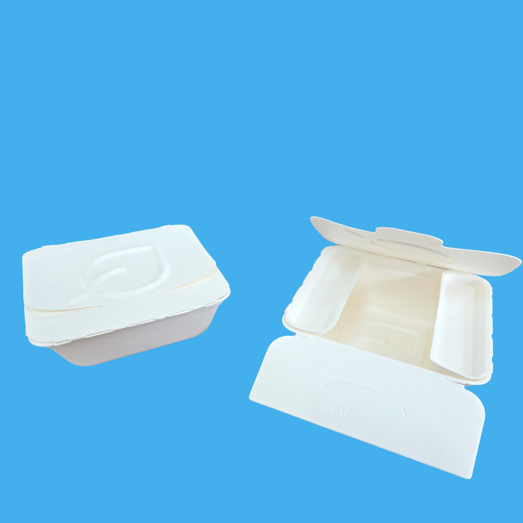 Bio Foodboxen mit 2 Dip/Besteckfächern Bagasse weiß 1035ml 175x150x63mm 300St