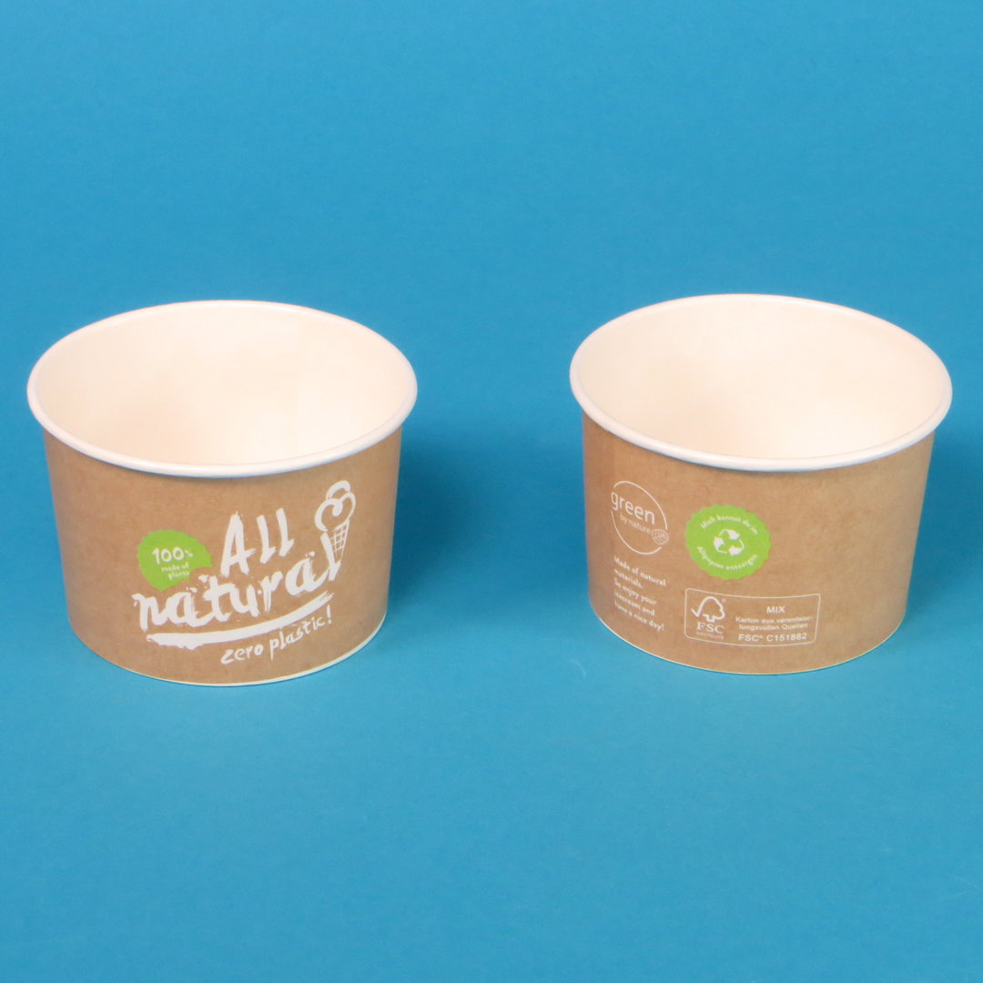Bio Eisbecher "All Natural" Papier braun ohne PE/PLA Kunststoffbeschichtung versch. Größen