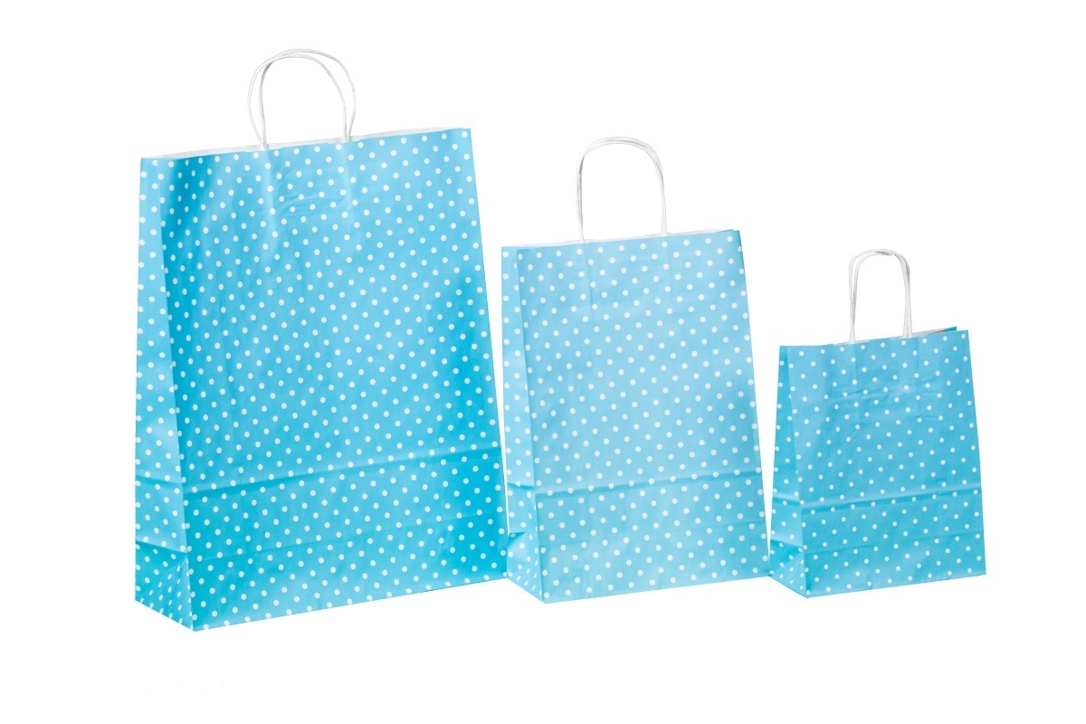 Premium Papiertragetaschen mit Kordel hellblau mit Punkten/Polkadots 3 Größen wählbar