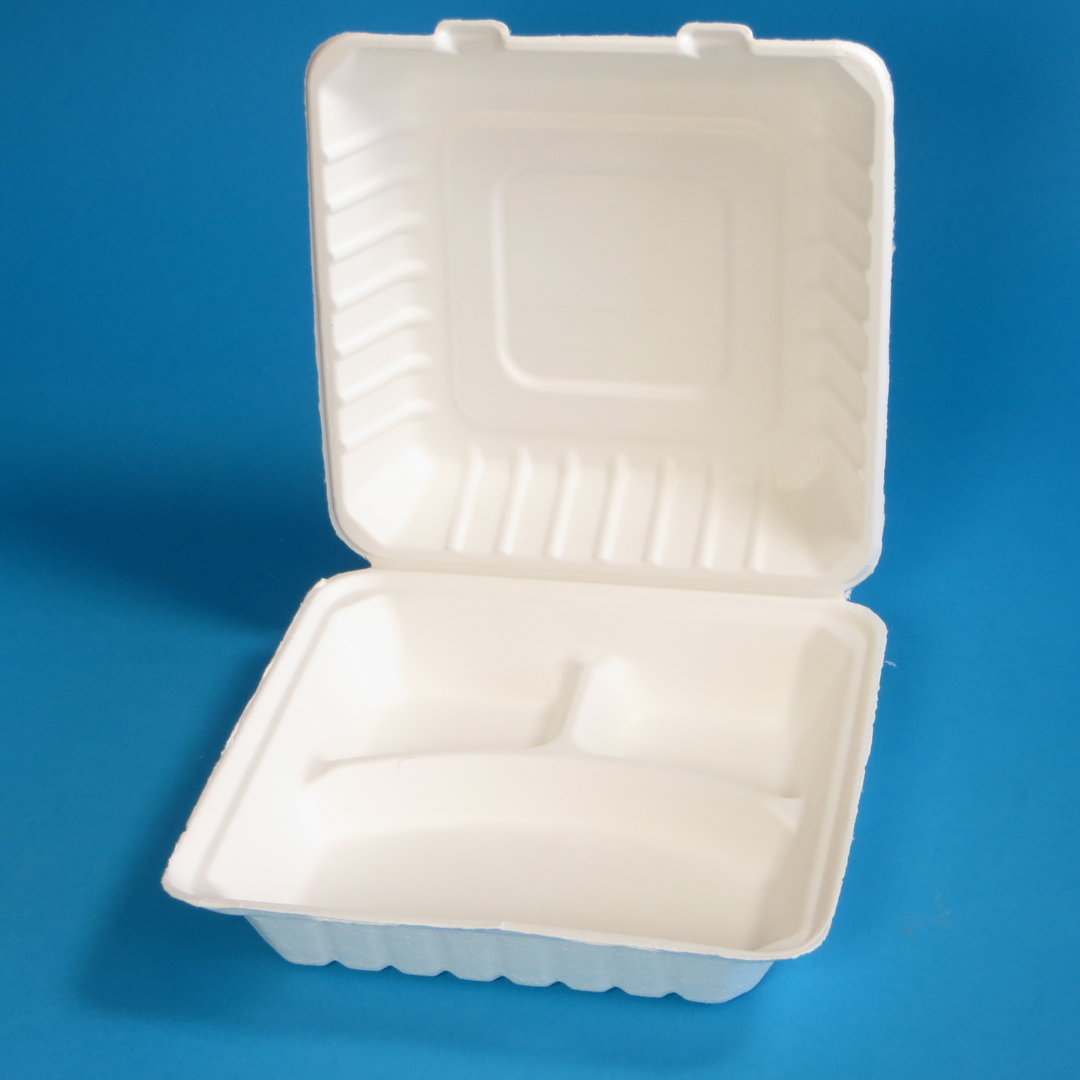 Bio Menübox Bagasse Zuckerrohr XL 3-get. weiß 236x231x81mm 200St