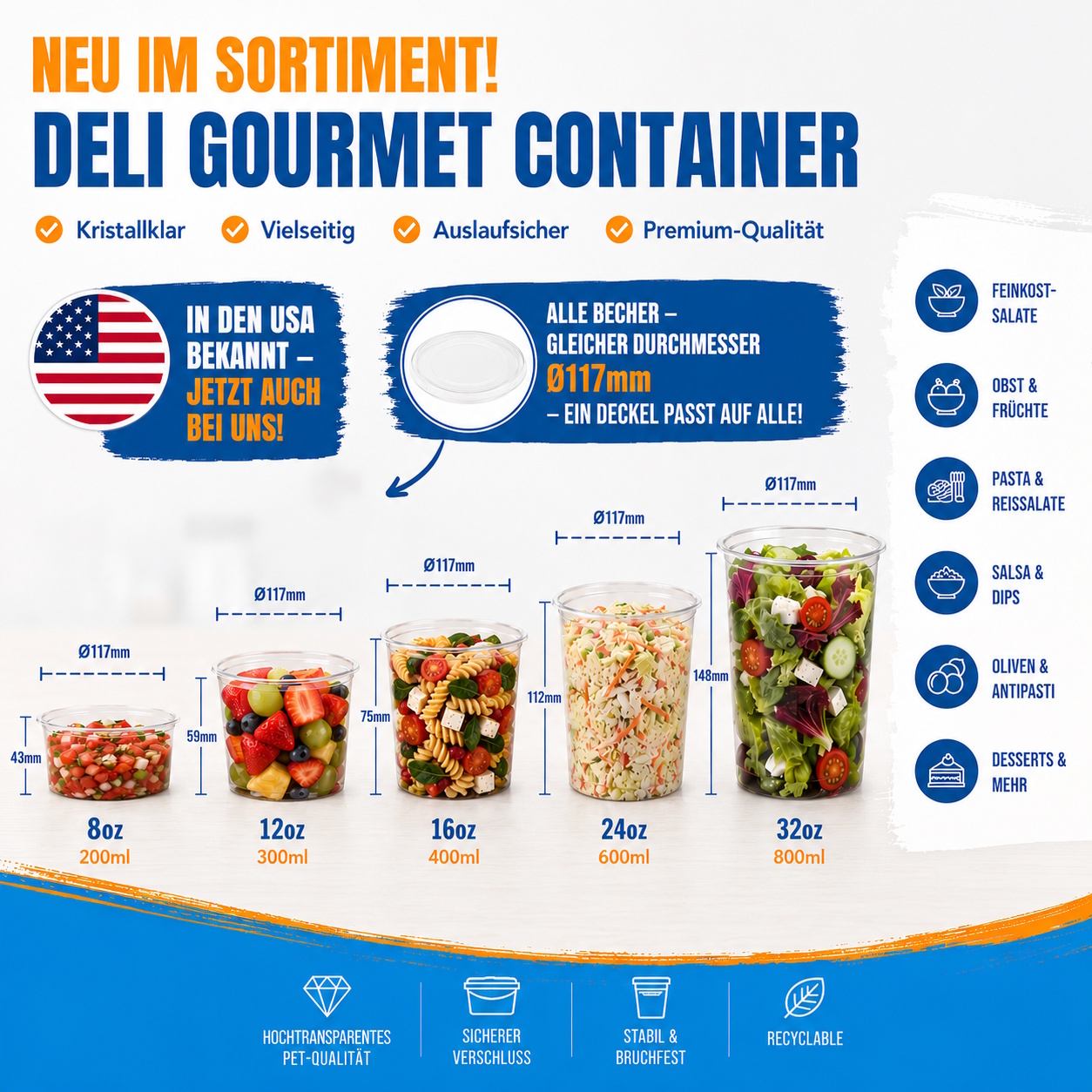 Deli Gourmet Premium Verpackungsbecher rund Ø117mm klar rPET 500St. versch. Größen