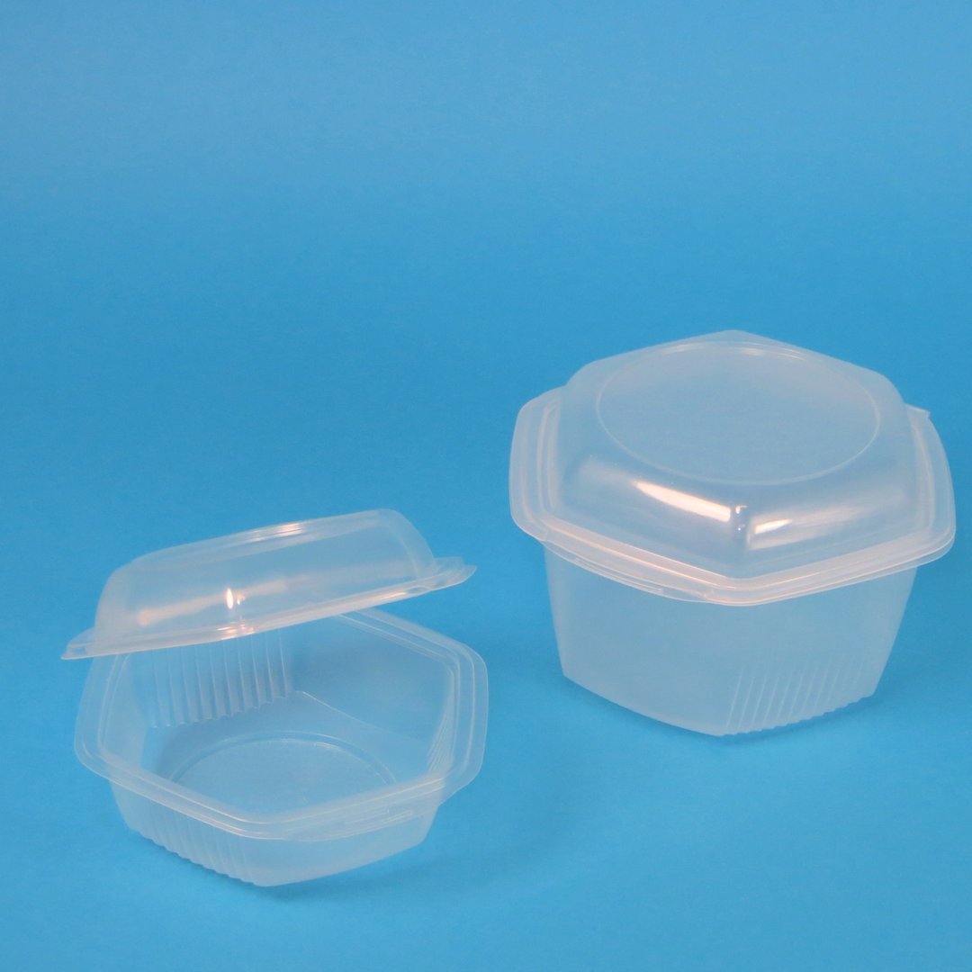 Allzweckboxen m. anh. Deckel 6eckig transparent temperaturbeständig PP recycelbar versch. Größen