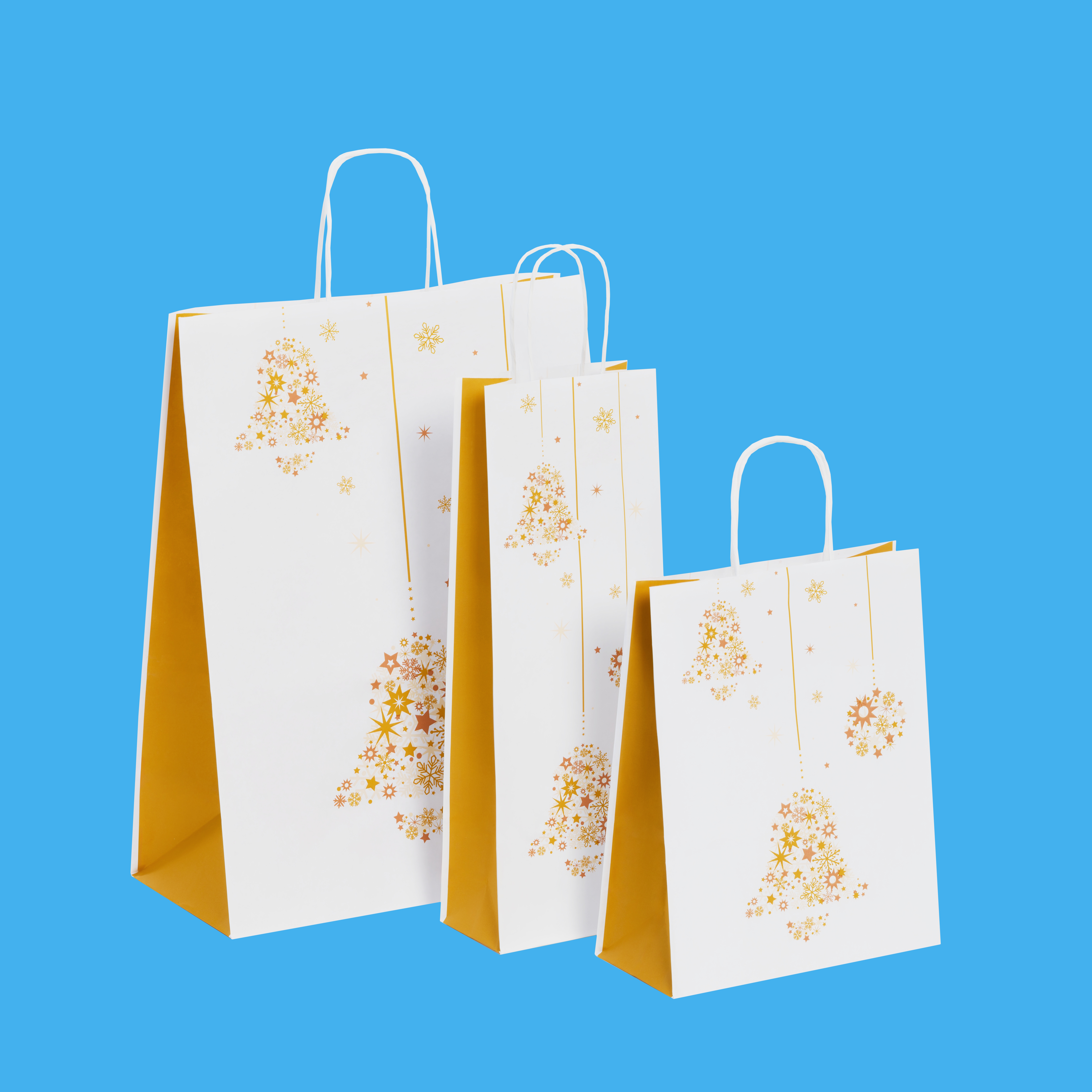 Papiertragetaschen Premium mit Kordel weiß Weihnachtsmotiv "Golden Bells" versch. Größen