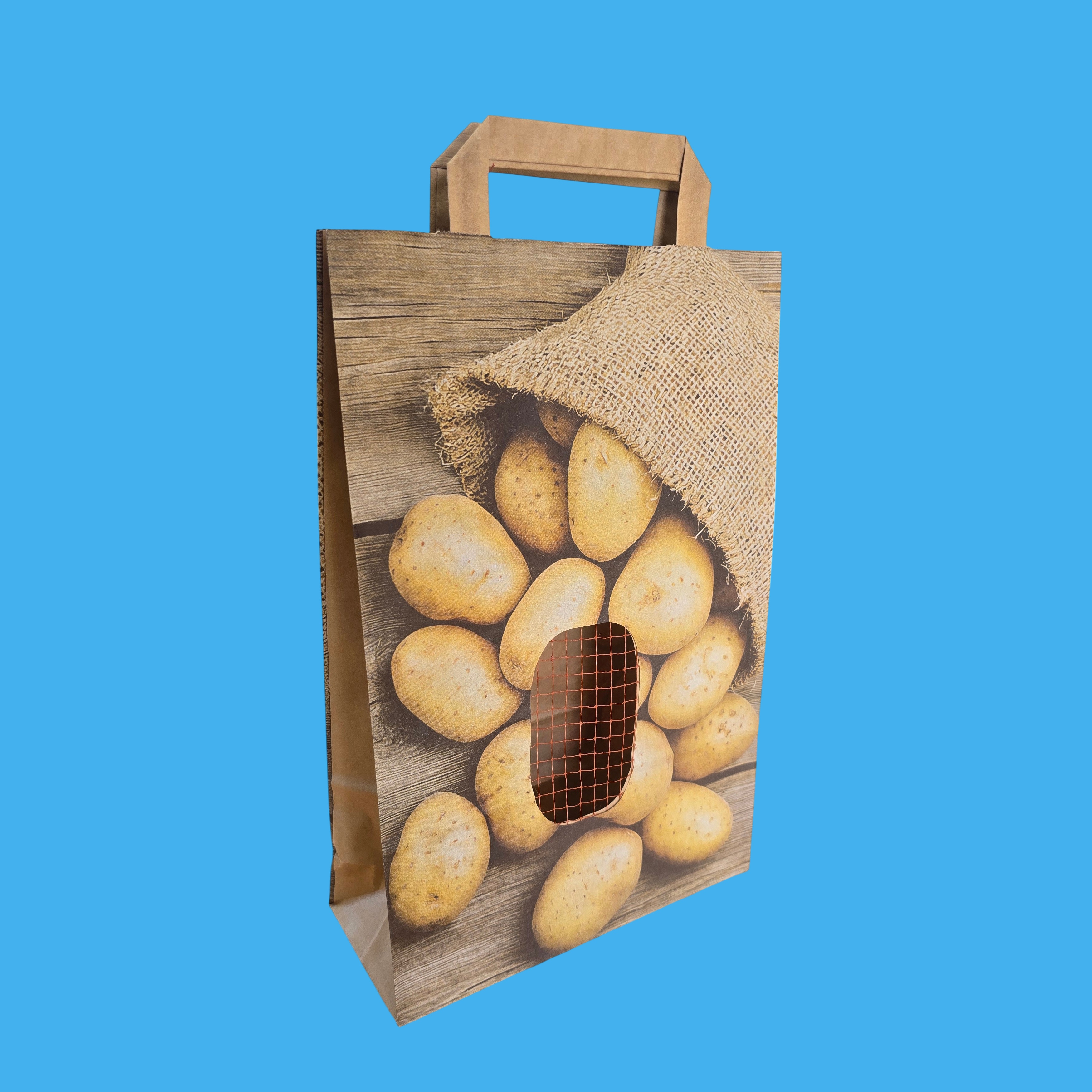 Papiertragetaschen 22+9x33cm mit Kartoffelmotiv & Sichtnetz 90g/m² 250St