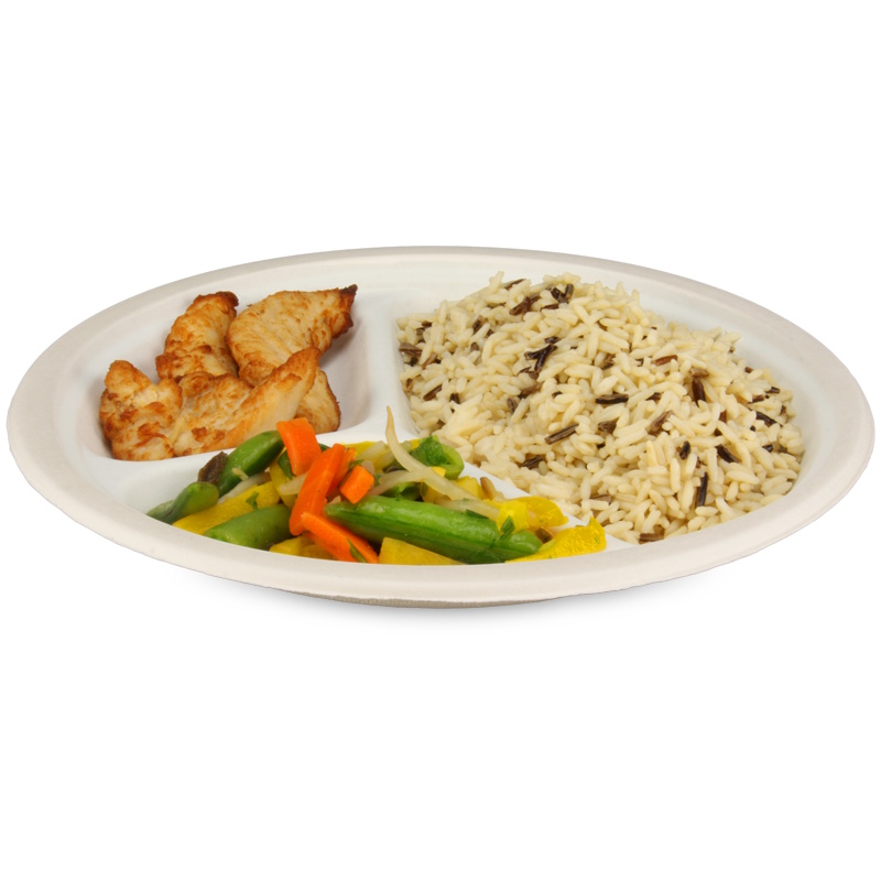 Bio Menüteller 3-geteilt Ø26cm weiß Bagasse/Zuckerrohr 500St