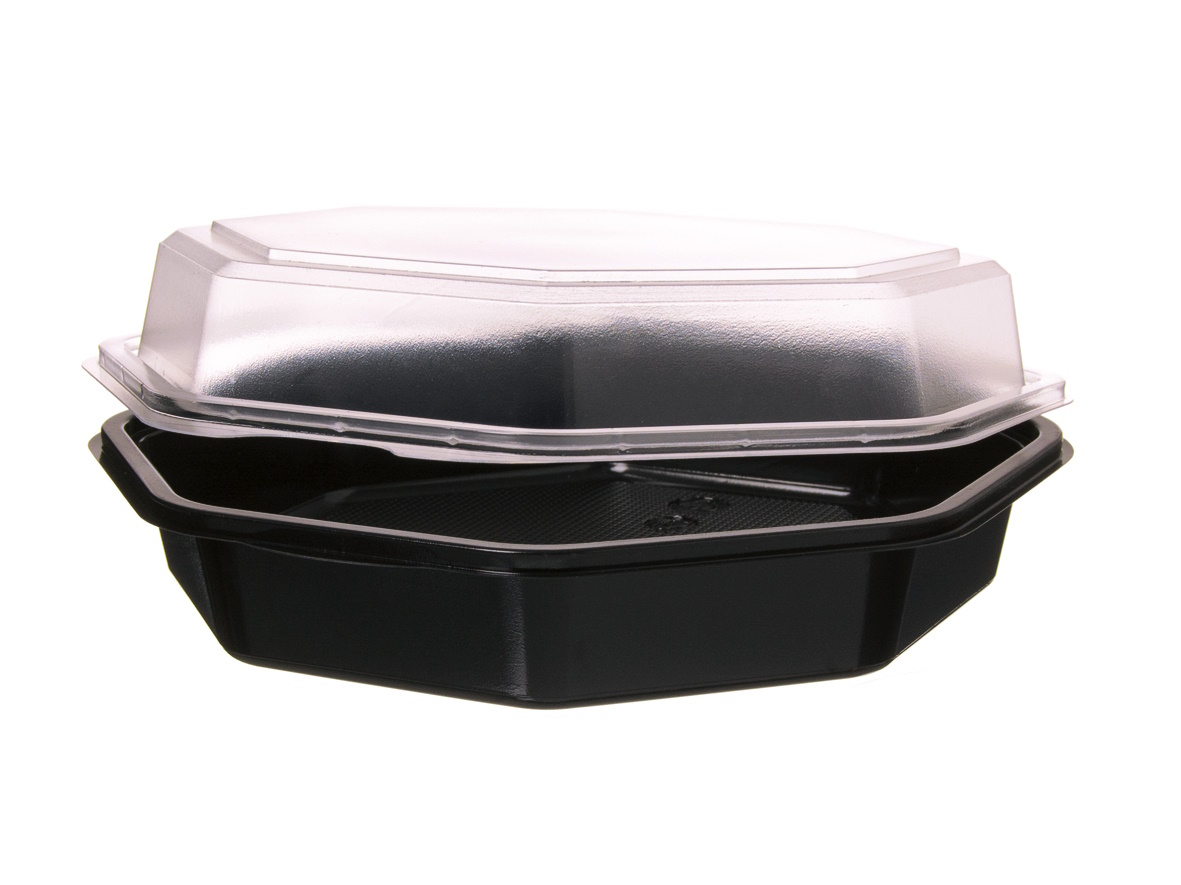 Salat Klappboxen 8-eckig schwarz mit transparentem Deckel recycelbar versch. Größen
