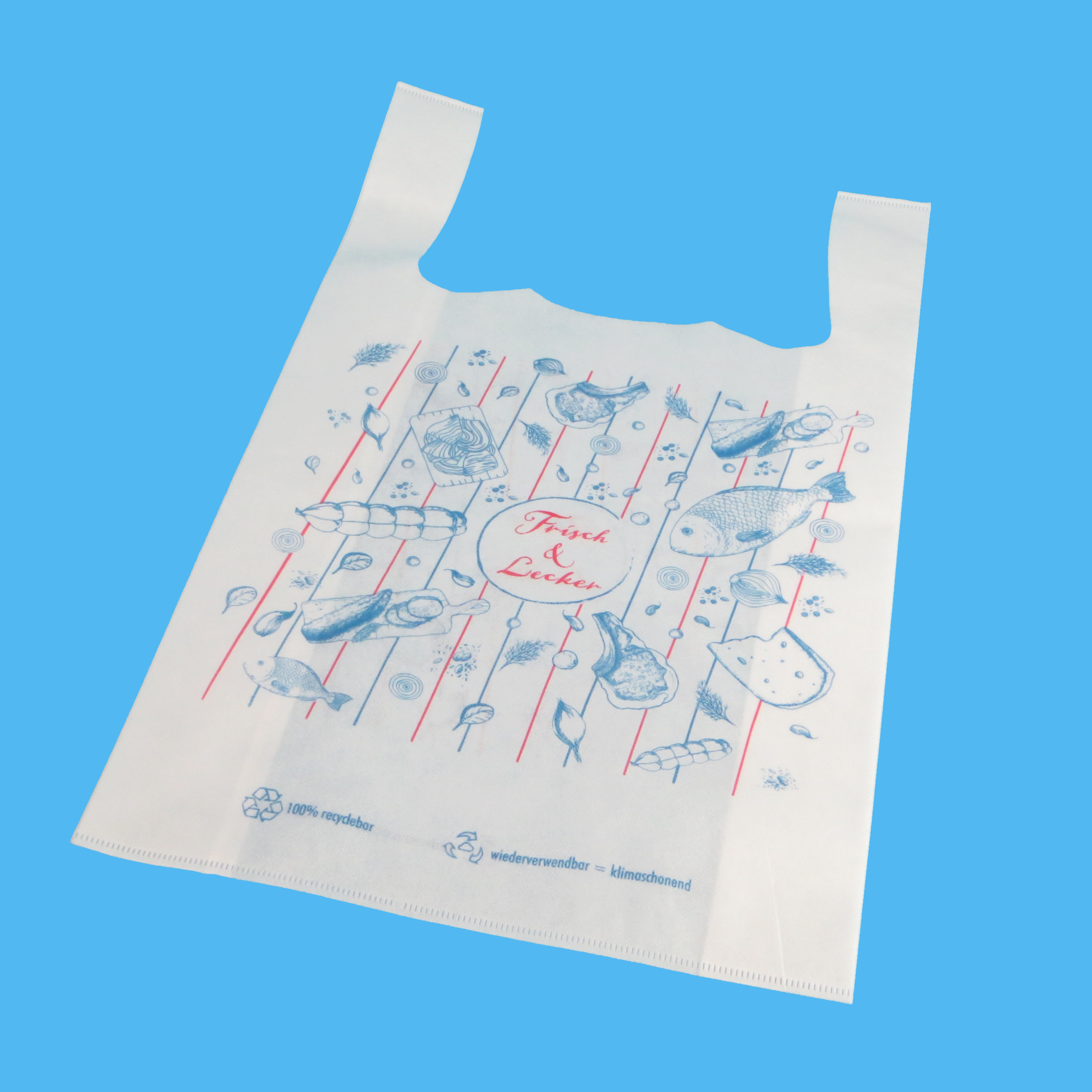Mehrweg Hemdchentragetaschen "Frisch & Lecker" 32+12x53cm 45g/m² PP Vlies 500St