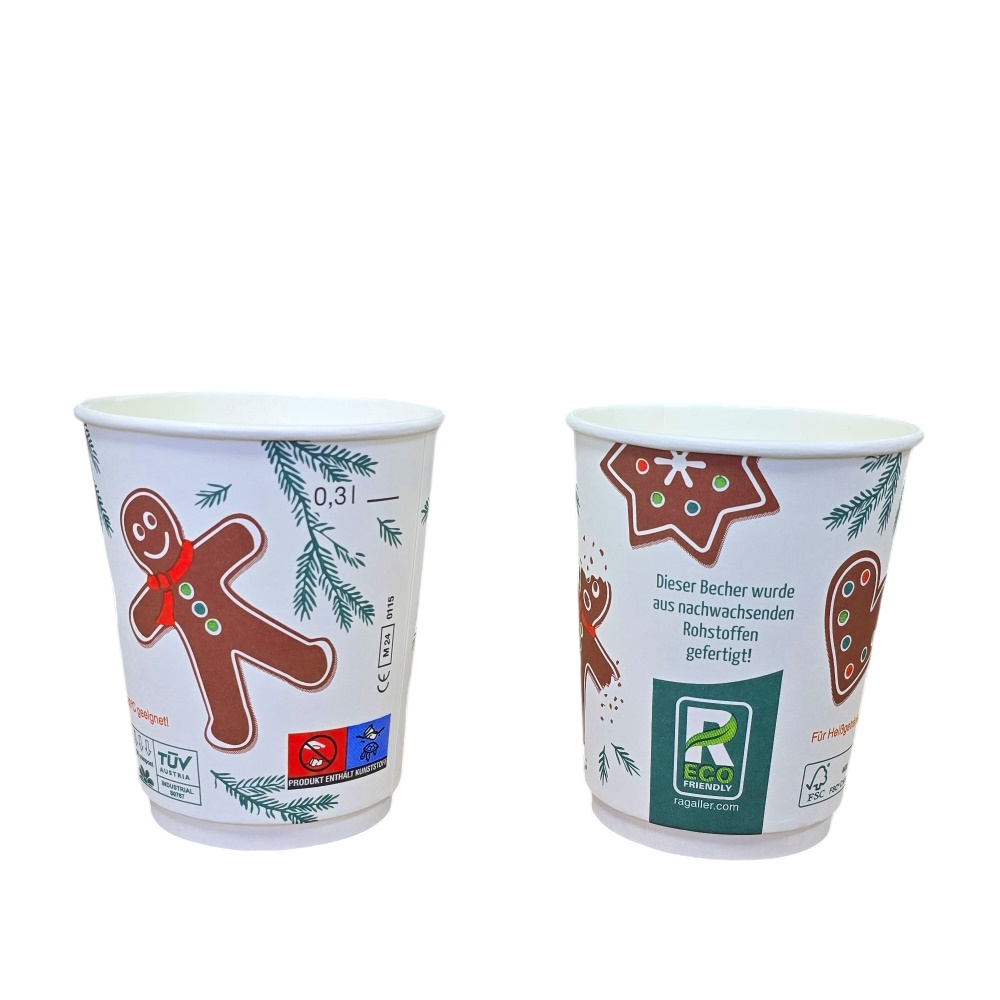 Bio Glühweinbecher mit Weihnachtsmotiv 300ml 0,3l Füllstrich doppelwandig Papier+ Biobarriere 600St.