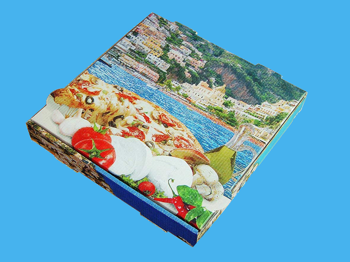 Pizzakartons 4,2cm hoch "Mittelmeer" Kraft 100St. versch. Größen