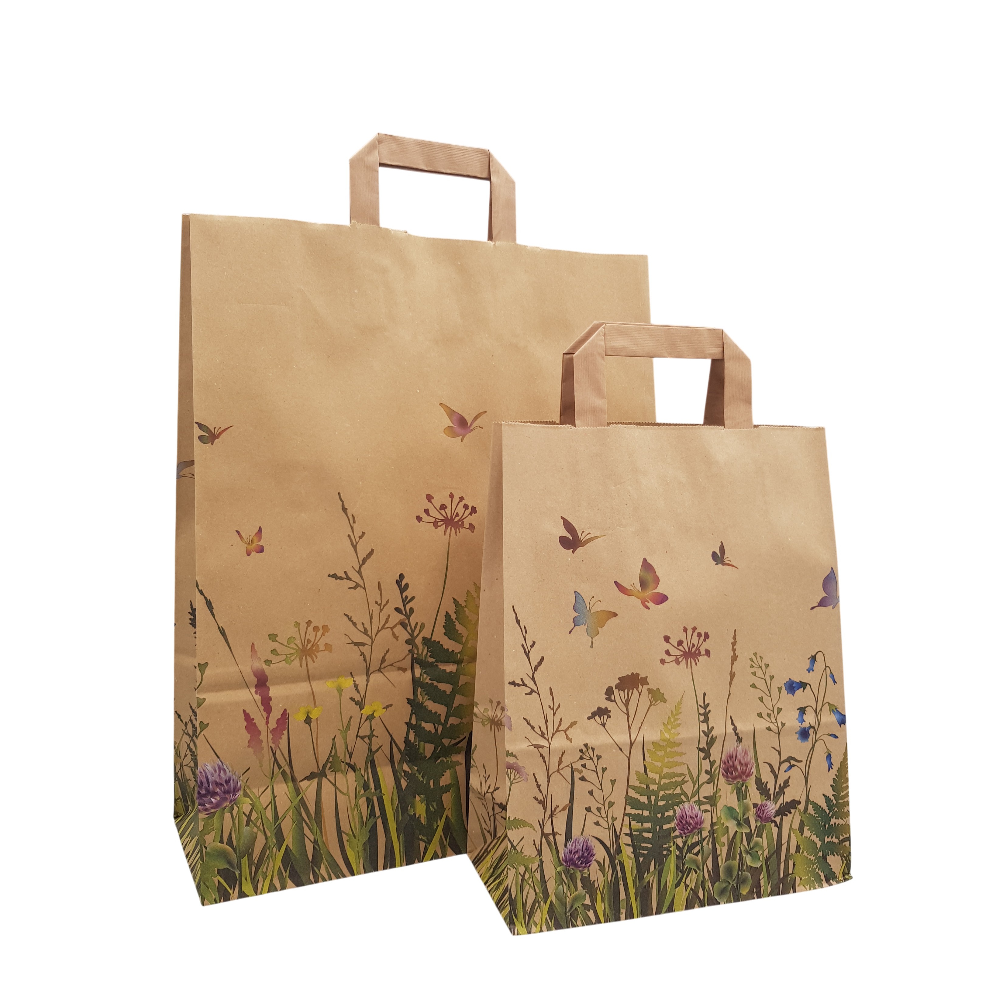 Papiertragetaschen braun mit Motiv "Blumengarten" 100g/m² Flachhenkel 250St. versch. Größen