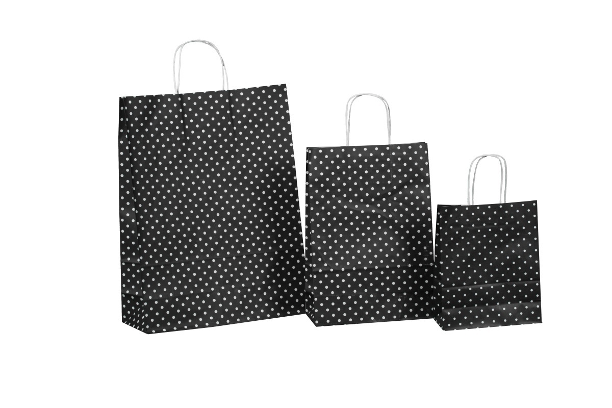 Premium Papiertragetaschen mit Kordel schwarz mit Punkten/Polkadots 3 Größen wählbar