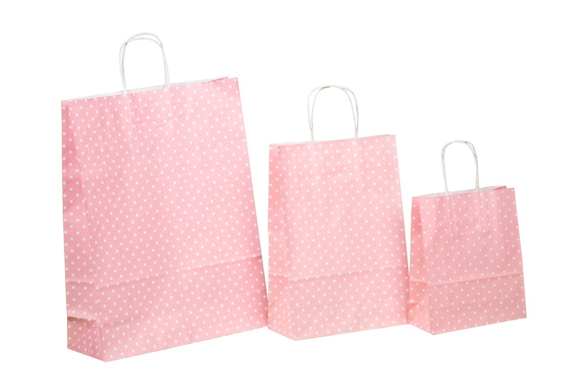  Premium Papiertragetaschen mit Kordel rosa mit Punkten/Polkadots 3 Größen wählbar